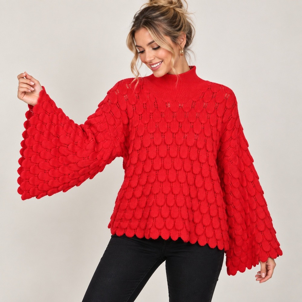 Fate + Fortune Red Scallop Knit Sweater L Bell Sleeve Boho Chunky Dopamine Retro
